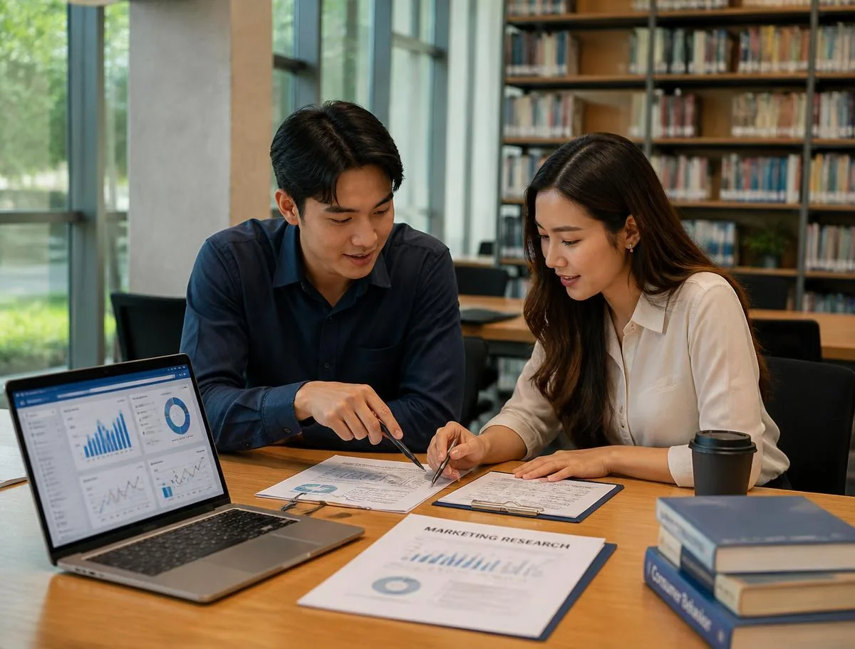 Marketing students reviewing research documents and analytics on a laptop in a university library